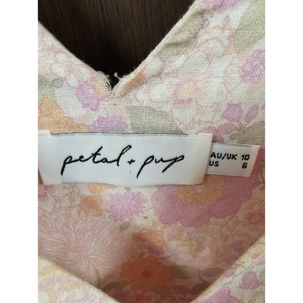 Petal + Pup Erenda Pink Floral Tiered Midi Dress Tie Shoulder Cotton Ramie Sz 6 - Picture 7 of 12